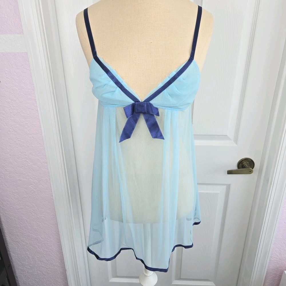 Victoria's Secret Angels Blue Sheer Babydoll Nightie Slip Ribbon Trim Size M Y2K